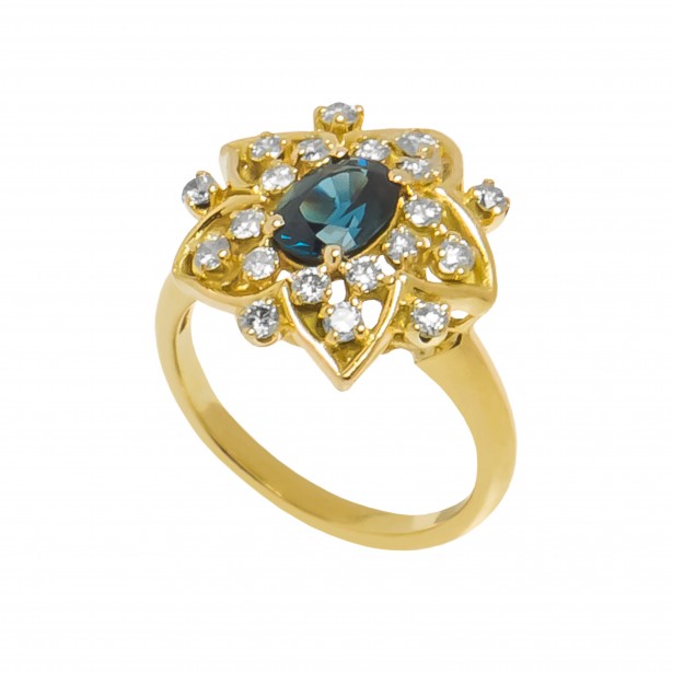 Ring aus 18 Karat Gelbgold, mit Saphir und Diamanten, Umfang - 53 mm
