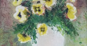 Statische Naturmalerei Vase mit Stiefmütterchen Ölgemälde auf Leinwand 31x36cm