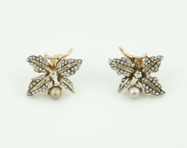 antike Ohrringe aus 18 Karat Gold mit Perlen und Diamanten und Zertifikat
