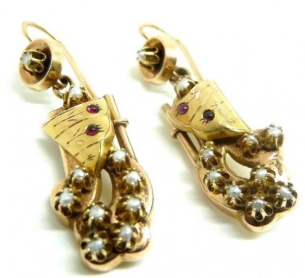 antike Ohrringe Jahr 1850 Mitte mit Perlen und Rubinen