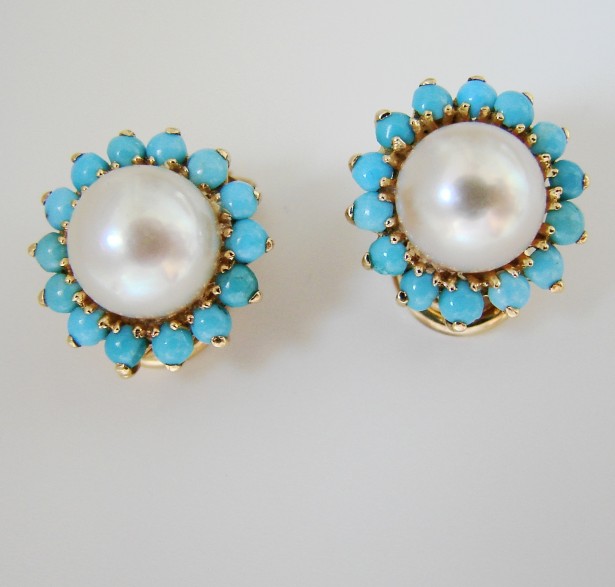 einzigartige 18k Gold Ohrringe mit Perlen und Türkis
