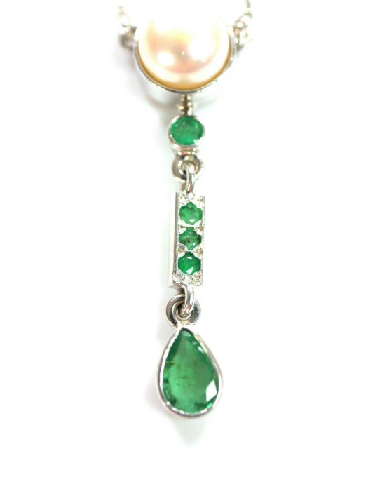 14 Karat WEISS Goldkette mit Smaragden und Perlen